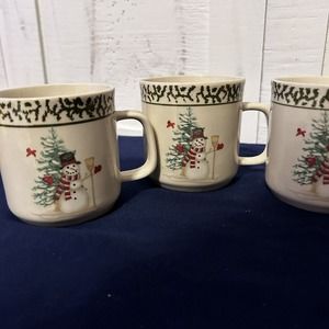Set of 4 "We Can Build A Snowman" Coffee Mug Tea Cups Stoneware Sponge Print Lot